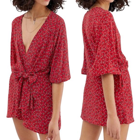 Free People Clara Mini Dress Tie Front Fit & Flare Floral Red Black Womens Small - Picture 2 of 6
